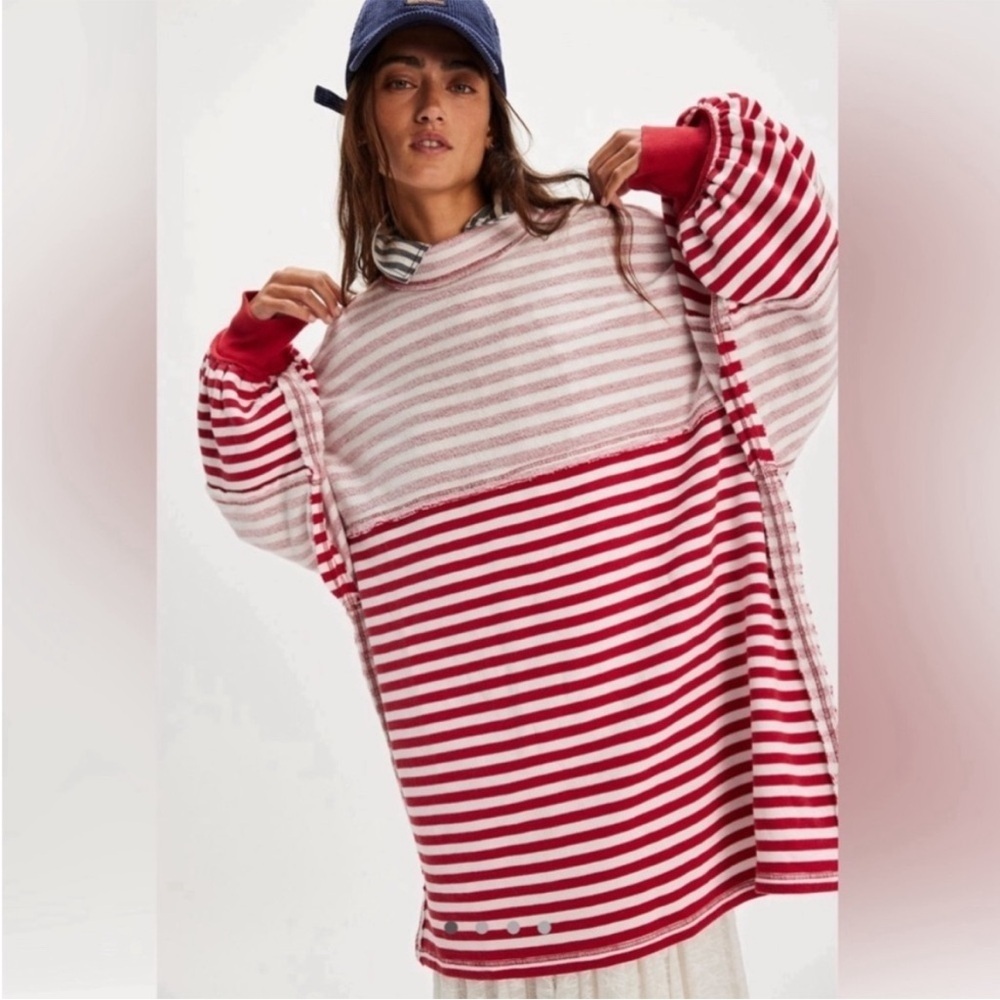Free People Red and White Striped Oversized Hoodie